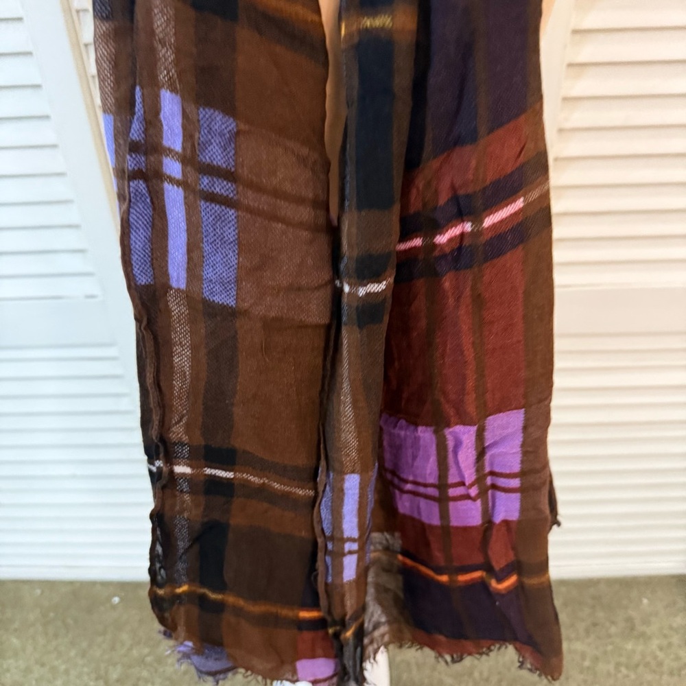 Vera Bradley Cozy Plaid Pattern Scarf Brown Purple Lightweight Wrap Raw Edge - Picture 3 of 8